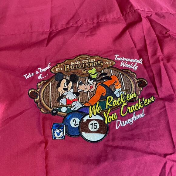 DISNEY Large Pool‎ Bowing Shirt Button Up Vintage Mickey Goofy Red Black Retro - Picture 7 of 7